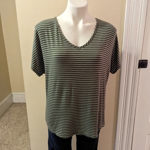 Thread Times NY olive green and white striped top size M